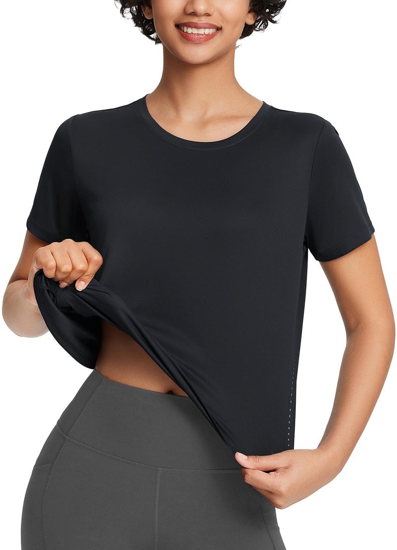 baleaf Women's Workout Tops Athletic Shirts Cropped Short Sleeve Split Back Running Gym Quick Dry Sun Protection UPF 50+ Black L - Image 2
