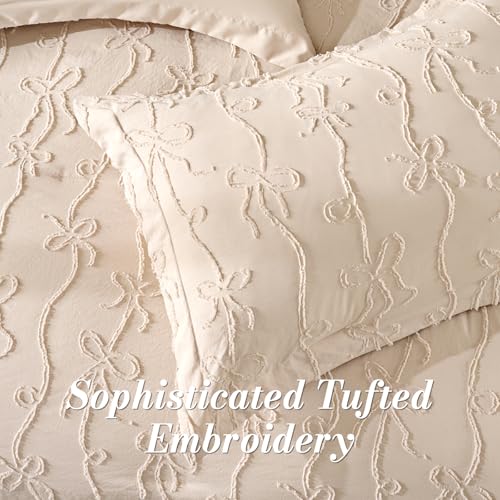 Jameswish 7 Pieces Bow Tufted Boho Comforter Set Khaki Farmhouse Shabby Chic Embroidered Bedding for All Seasons Queen Size with Comforter Sheets Pillowcases Shams - Image 2