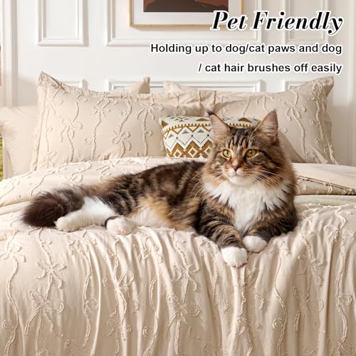 Jameswish 7 Pieces Bow Tufted Boho Comforter Set Khaki Farmhouse Shabby Chic Embroidered Bedding for All Seasons Queen Size with Comforter Sheets Pillowcases Shams - Image 4