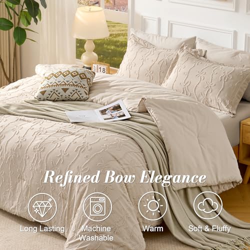 Jameswish 7 Pieces Bow Tufted Boho Comforter Set Khaki Farmhouse Shabby Chic Embroidered Bedding for All Seasons Queen Size with Comforter Sheets Pillowcases Shams - Image 3