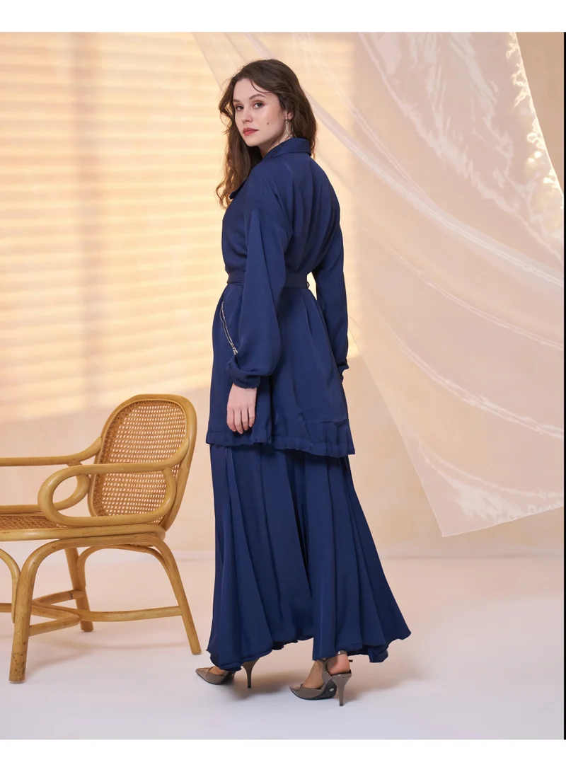 MissWhence Elegant Belted Two-Piece Set - Navy