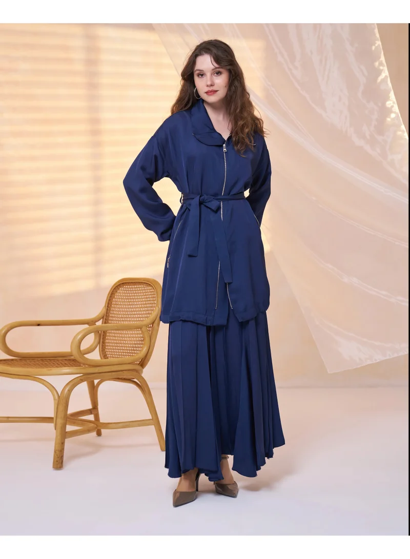 MissWhence Elegant Belted Two-Piece Set - Navy