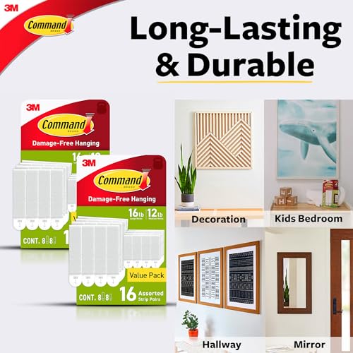 Command Medium and Large Picture Hanging Strips, Damage Free Hanging Picture Hangers, No Tools Wall Hanging Strips for Living Spaces, White, 16 Medium Pairs and 16 Large Pairs (64 Total) - Image 3