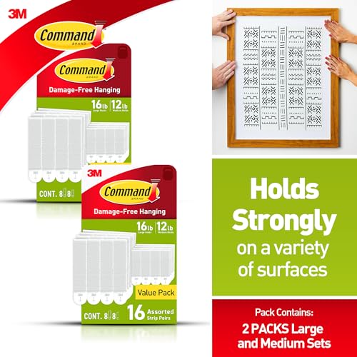 Command Medium and Large Picture Hanging Strips, Damage Free Hanging Picture Hangers, No Tools Wall Hanging Strips for Living Spaces, White, 16 Medium Pairs and 16 Large Pairs (64 Total) - Image 2