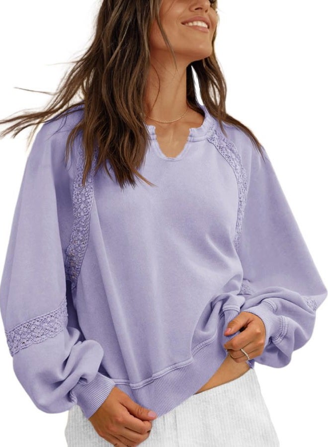 Fisoew Womens Casual Sweatshirt Oversized Lantern Long Sleeve V Neck Lace Loose Fit Fall Pullover Tops, Lavender, XL - Image 1