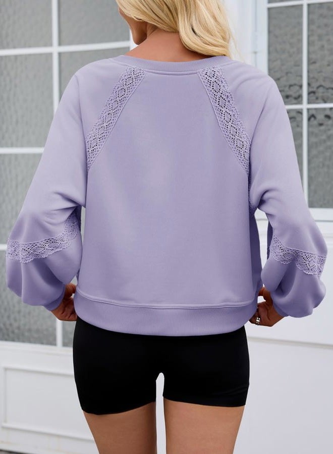 Fisoew Womens Casual Sweatshirt Oversized Lantern Long Sleeve V Neck Lace Loose Fit Fall Pullover Tops, Lavender, XL - Image 4