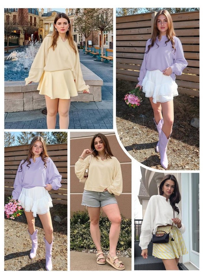 Fisoew Womens Casual Sweatshirt Oversized Lantern Long Sleeve V Neck Lace Loose Fit Fall Pullover Tops, Lavender, XL - Image 5