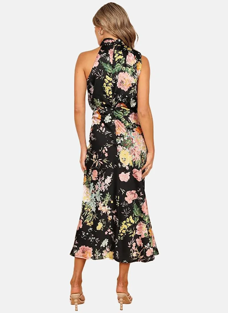 يونيكي Black Floral Printed Halter Neck Maxi Dress