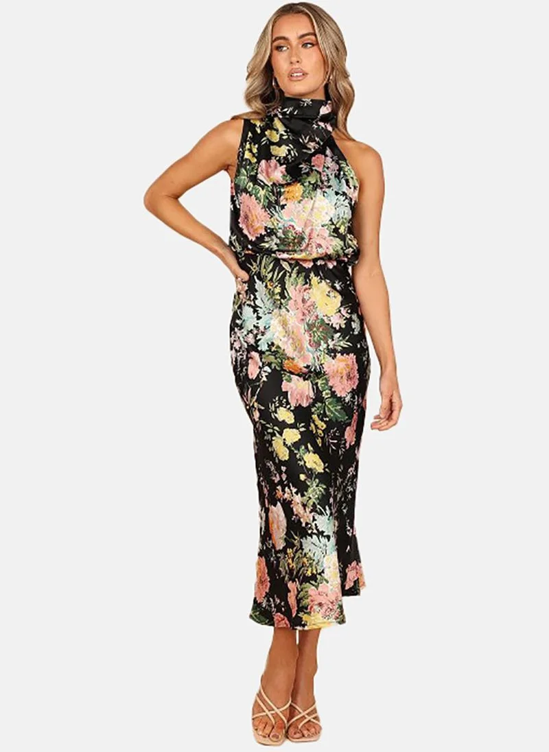 يونيكي Black Floral Printed Halter Neck Maxi Dress
