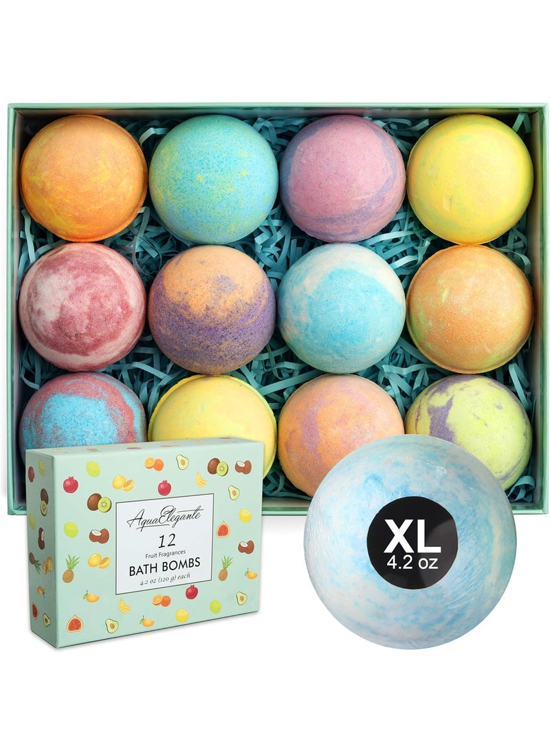 Aqua Elegante Tropical Fruit Bath Fizzies Set - 12 Large Bubble Bathbombs with Natural Essential Oils in Fruity Scents - Vegan Fizzy Bath Bombs Has Moisturizing Shea Butter and Coconut Oil 