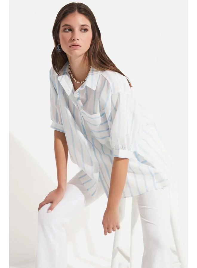 JUNE June Women Viscose Blend Striped Shirt White - Blue