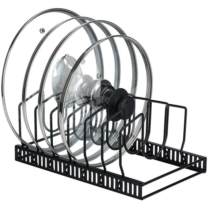 TopLife Pot Lids Organizer Rack for Cabinet and Countertop, 7+ Pan Lids and Bakeware Organizer Rack Holder with 7 Adjustable Compartments Black - Image 1