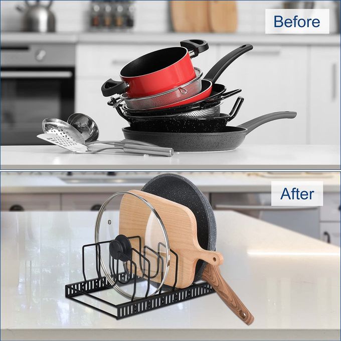 TopLife Pot Lids Organizer Rack for Cabinet and Countertop, 7+ Pan Lids and Bakeware Organizer Rack Holder with 7 Adjustable Compartments Black - Image 3
