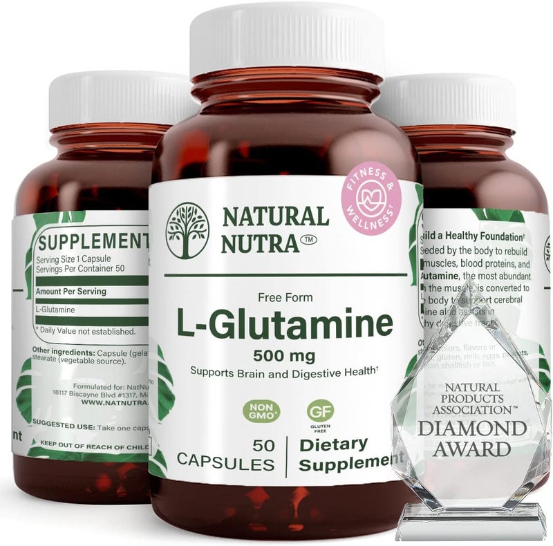 Natural Nutra L Glutamine Helps to Promote Optimal Brain Functioning Support Digestive Functioning Improve Muscle Health and Boost Memory and Focus Support Cerebral Functioning 500 mg 50 Capsules - Image 1