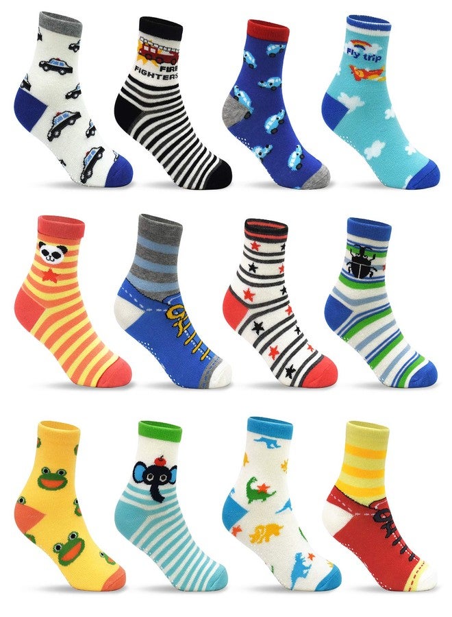 Tphon 12 Pairs Toddler Non Skid Ankle Length Socks With Grips Anti Slip Bottom,Cotton Non Slip Ankle Crew Socks For Boys,Girls,Kids(1-7Years),#2 Strawberry Style(12 Pairs),5-7 Years,Multicolour - Image 1