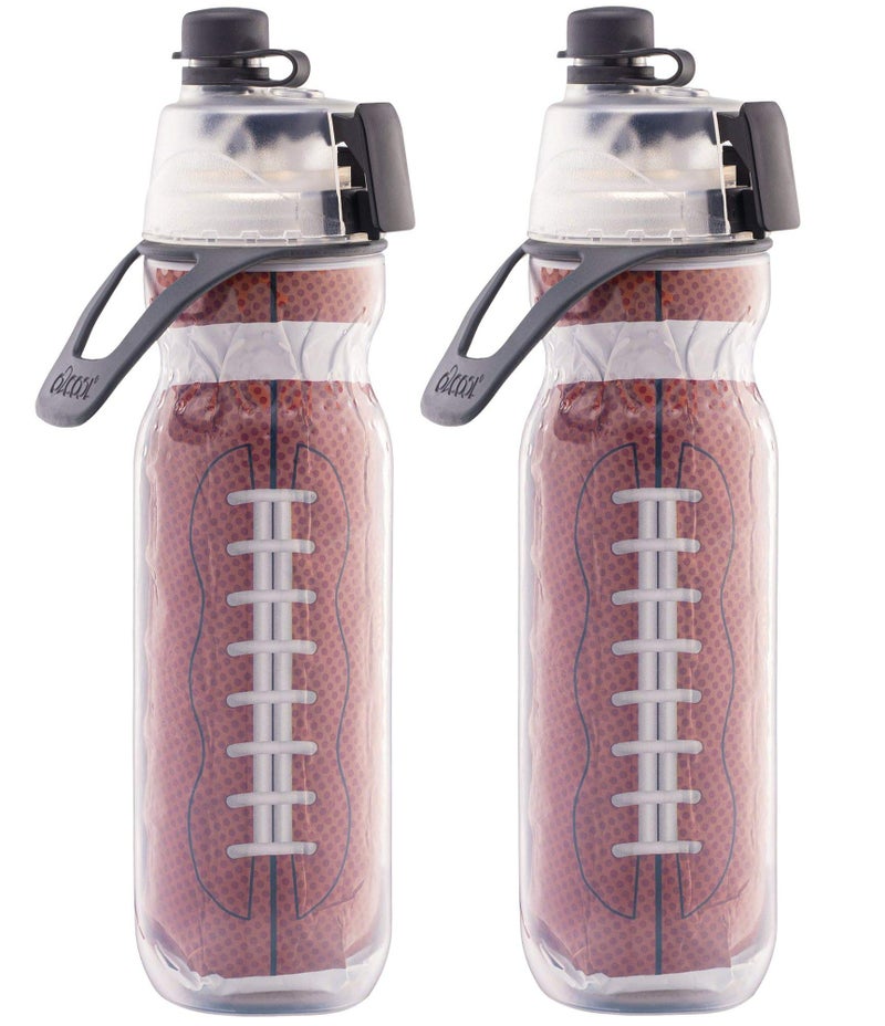 O2COOL Mist 'N Sip Misting Water Bottle 2-in-1 Mist And Sip Function With No Leak Pull Top Spout Sports Water Bottle Reusable Water Bottle - 20 oz (2 Pack Football)