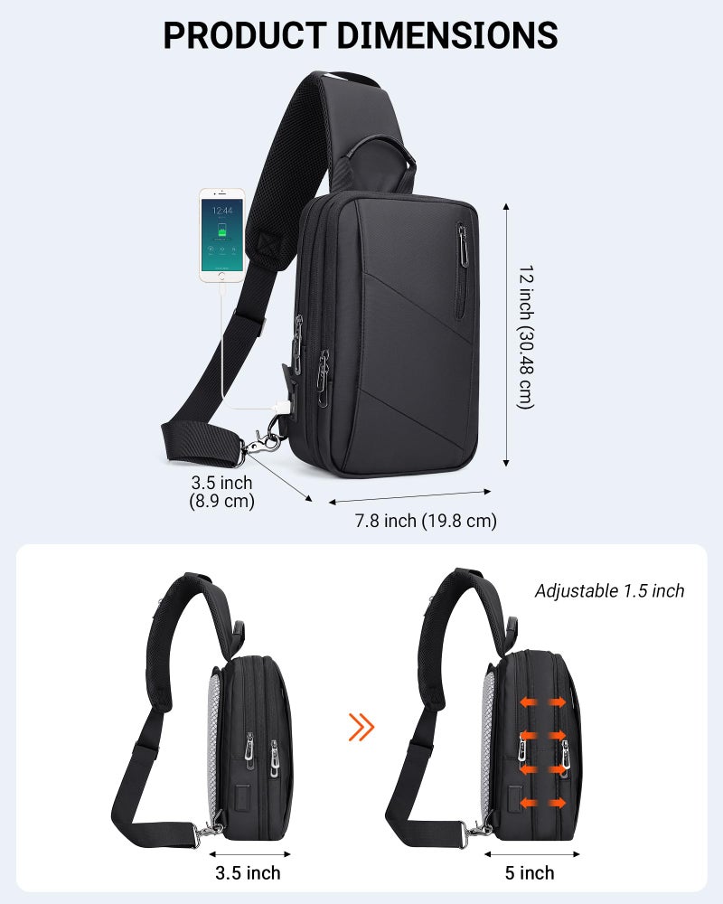 WITZMAN Sling Bag for Men Large Nylon Crossbody Shoulder Bag with USB Charging Port Travel Casual Hiking Daypack (BN011 Black) - Image 4