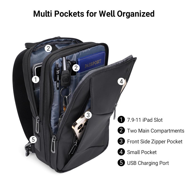 WITZMAN Sling Bag for Men Large Nylon Crossbody Shoulder Bag with USB Charging Port Travel Casual Hiking Daypack (BN011 Black) - Image 3