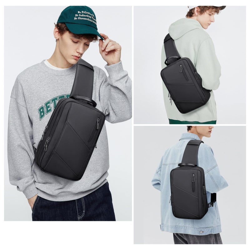 WITZMAN Sling Bag for Men Large Nylon Crossbody Shoulder Bag with USB Charging Port Travel Casual Hiking Daypack (BN011 Black) - Image 2