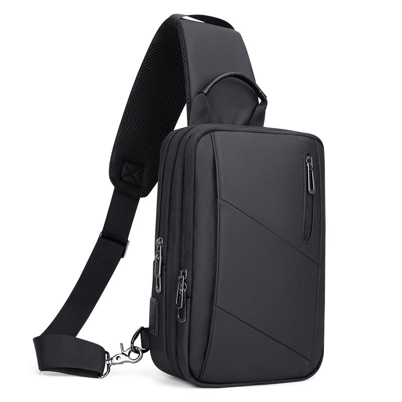 WITZMAN Sling Bag for Men Large Nylon Crossbody Shoulder Bag with USB Charging Port Travel Casual Hiking Daypack (BN011 Black) - Image 1