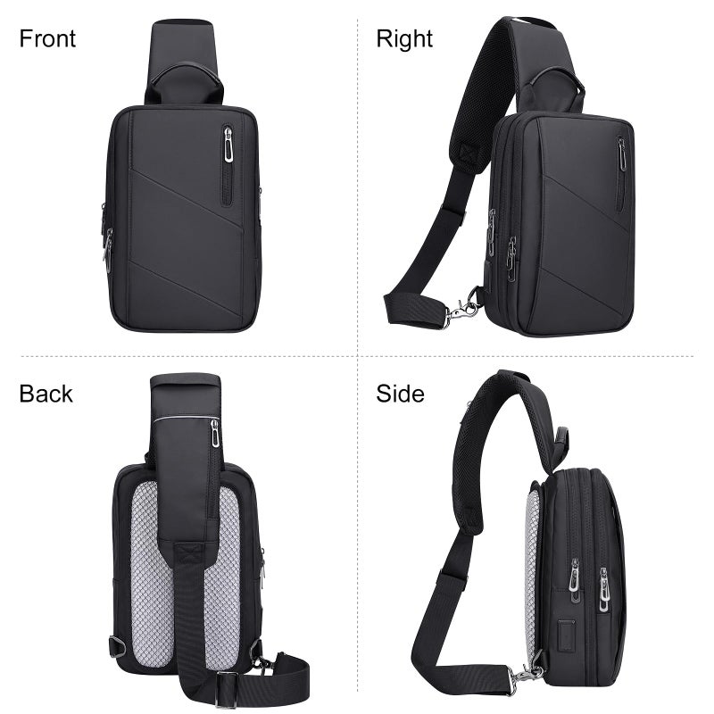WITZMAN Sling Bag for Men Large Nylon Crossbody Shoulder Bag with USB Charging Port Travel Casual Hiking Daypack (BN011 Black) - Image 5