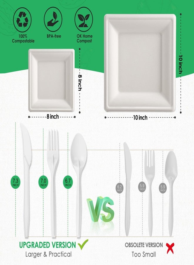 Gezond Compostable Paper Plates Set 300pcs Disposable Sugarcane Plates 10 Inch Eco-friendly White Square Plate with Napkins Biodegradable Heavy-duty Utensils for Party - Image 2