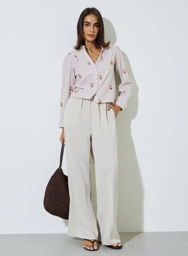 Styli Beige Striped Embroidered Cotton Shirt