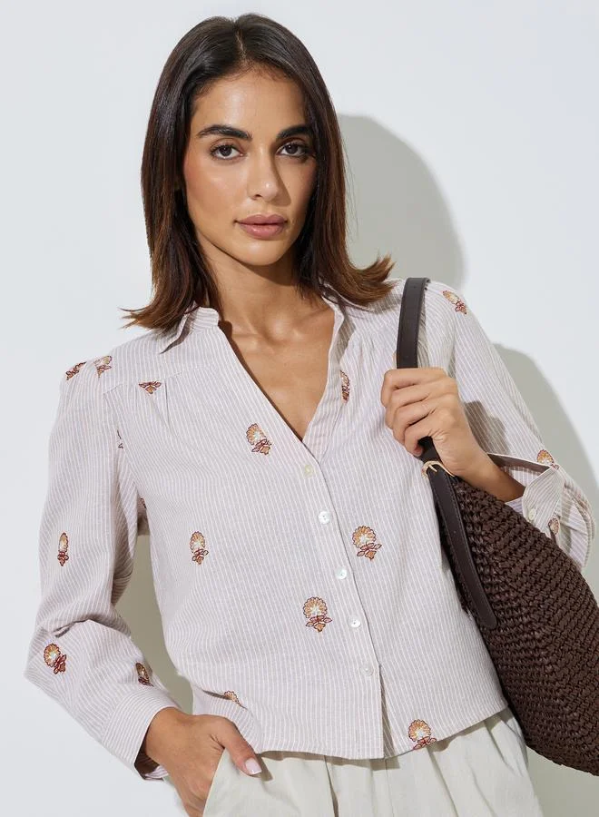 Styli Beige Striped Embroidered Cotton Shirt