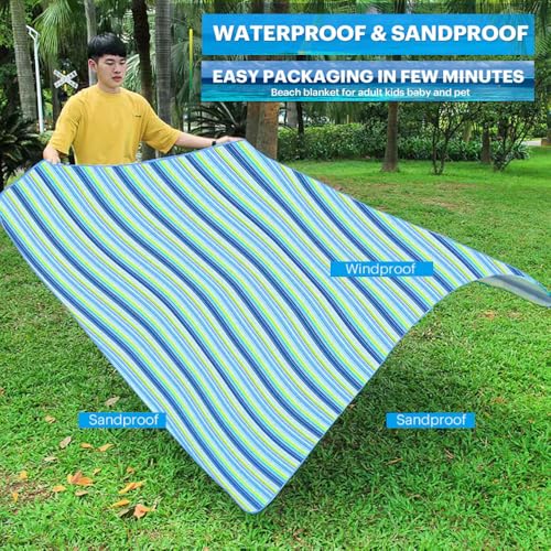 RUIBOLU Large Picnic Blanket, Beach Blankets(80X60) Inch Sandproof Beach Mat for 3-5 Adults Waterproof Quick Drying Outdoor Picnic Mat for Travel Camping Park Lawn (Blue Stripes) - Image 3