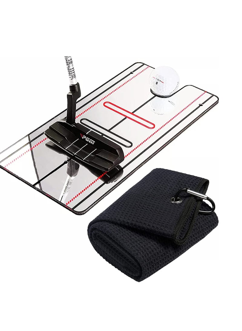 Beauenty Portable Golf Putting Mirror with Alignment Line, Professional Training Aid for Beginners, Includes Black Golf Towel for Enhanced Practice - Image 1