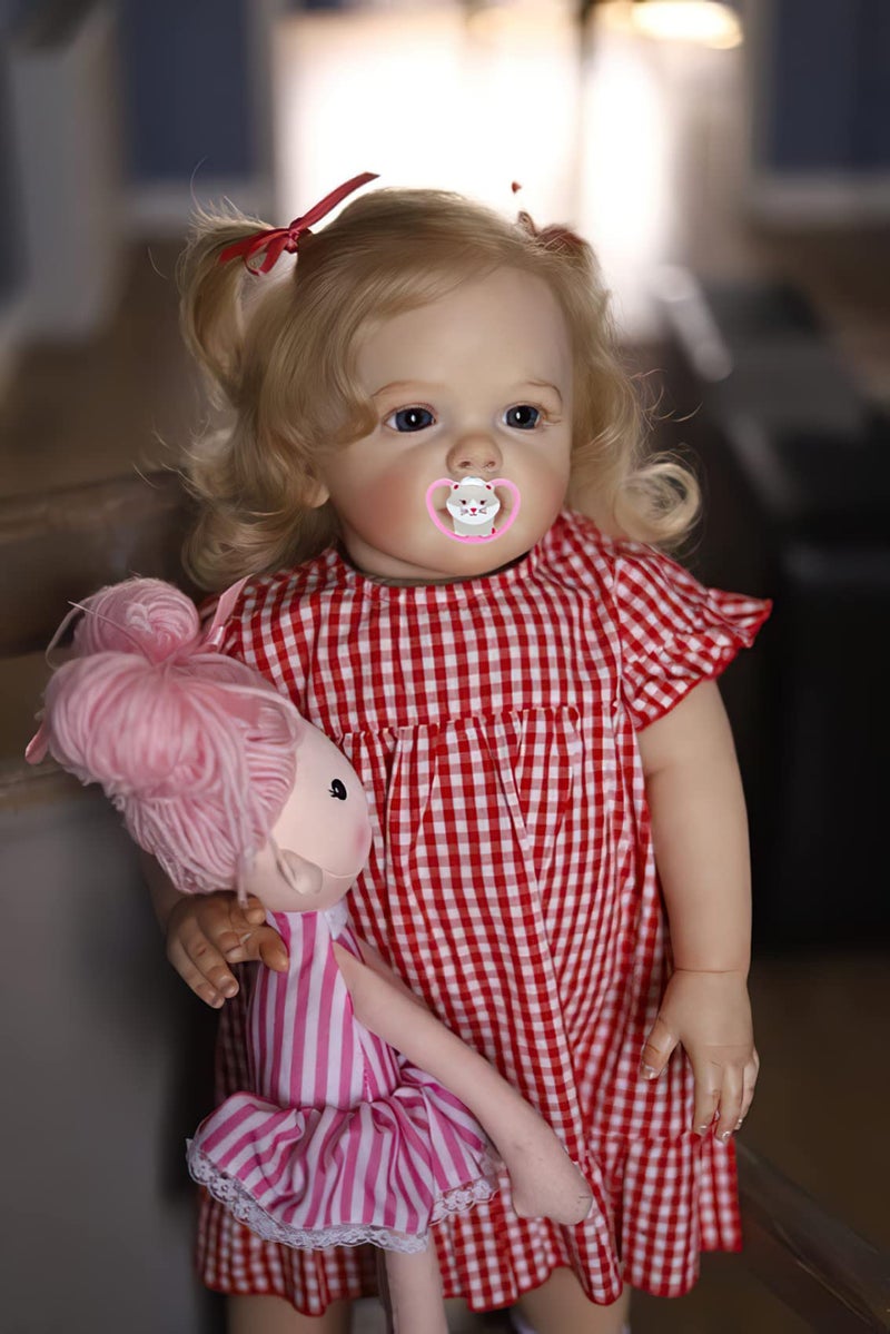 TERABITHIA 24 Inches 60CM Sweet Face Real Baby Size Rooted Blond Curly Hair Lifelike Reborn Baby Doll with Soft Cloth Body Realistic Newborn Toddler Girl Dolls That Look Real and Feel Real - Image 3