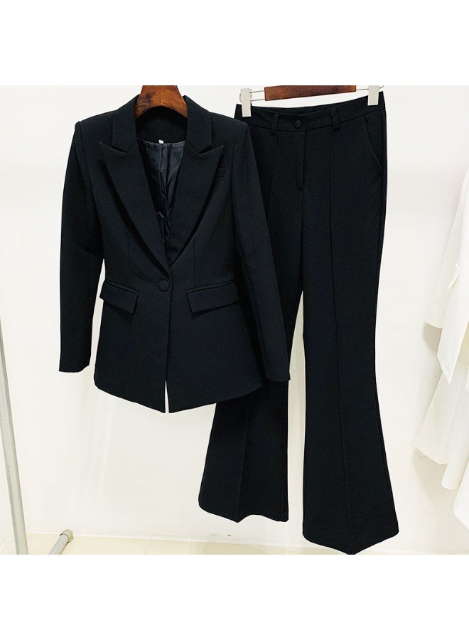 Madam Uniq Black Fashionable Business Suit Set: One-Button Long Blazer with Flare Pants - 2-Piece Outfit - Image 2