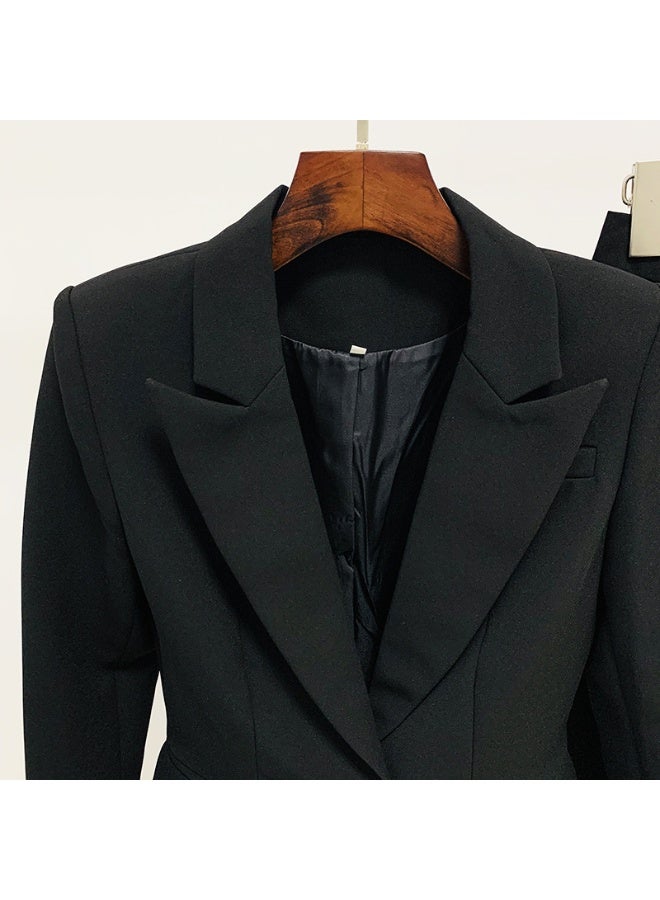 Madam Uniq Black Fashionable Business Suit Set: One-Button Long Blazer with Flare Pants - 2-Piece Outfit - Image 4