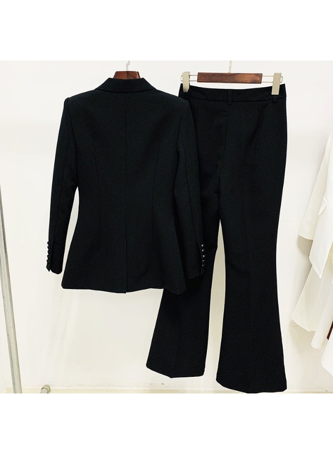 Madam Uniq Black Fashionable Business Suit Set: One-Button Long Blazer with Flare Pants - 2-Piece Outfit - Image 3