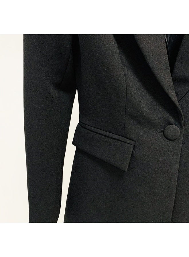 Madam Uniq Black Fashionable Business Suit Set: One-Button Long Blazer with Flare Pants - 2-Piece Outfit - Image 5