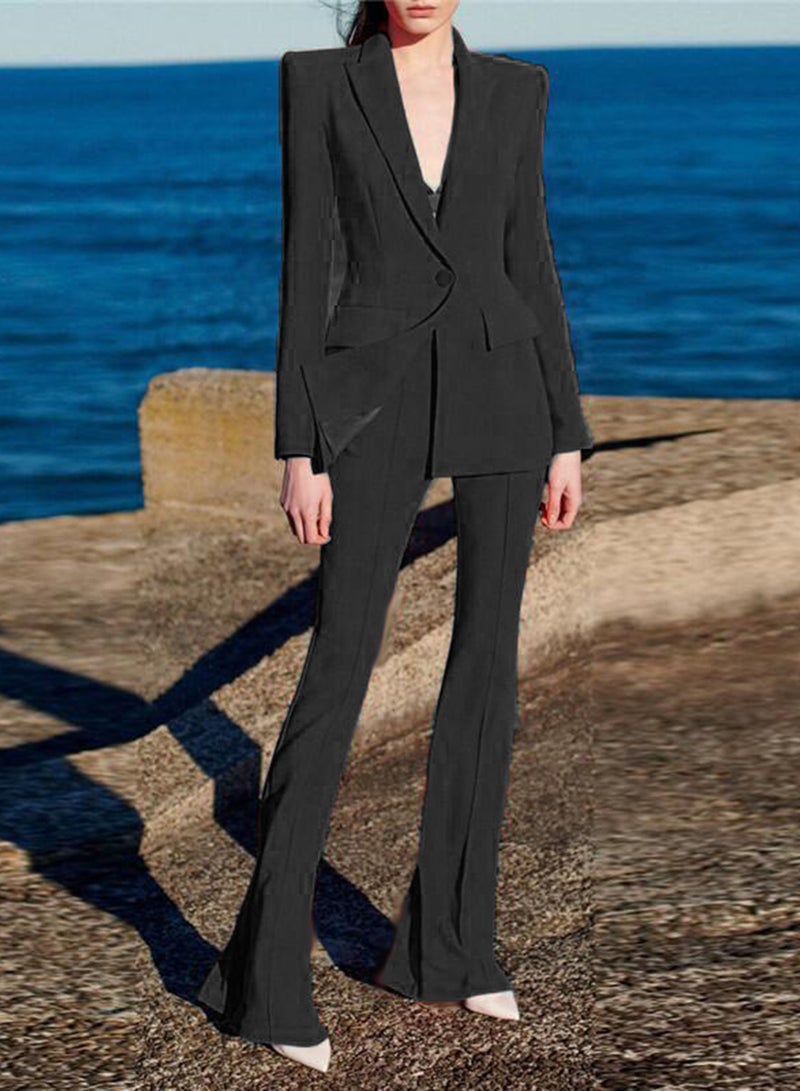 Madam Uniq Black Fashionable Business Suit Set: One-Button Long Blazer with Flare Pants - 2-Piece Outfit - Image 1