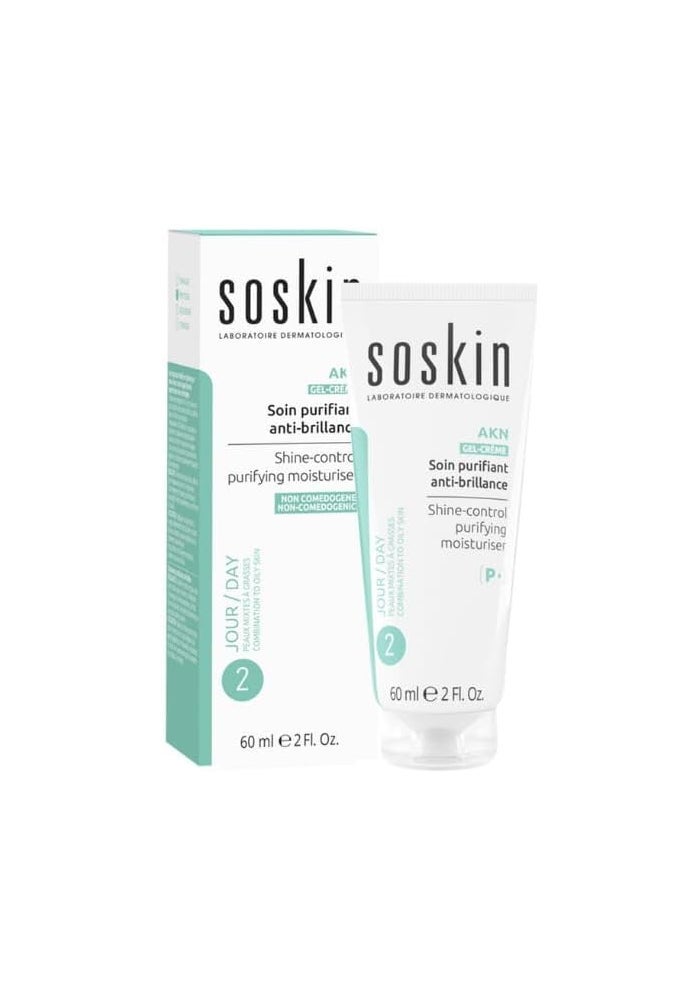 Soskin AKN Shine-Control Moisturiser Gel Cream - 60ml - Purifying & Anti-Shine for Combination to Oily Skin - Image 1