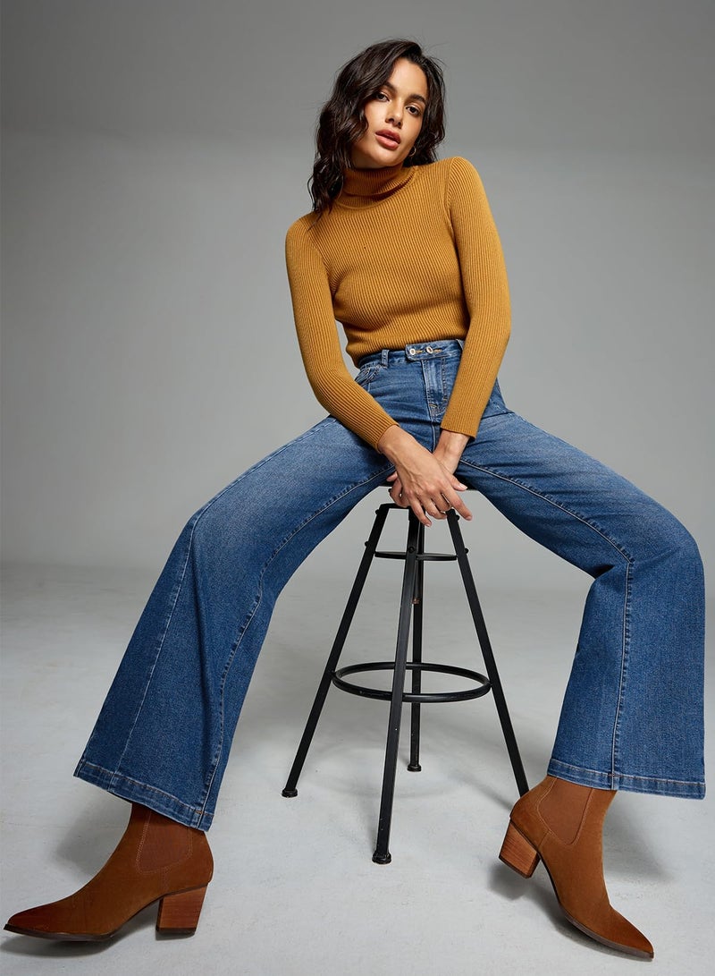 Sidefeel Women's Wide Leg Jeans High Waisted Stretchy Front Seam Denim Pants Size 12 Blue - Image 4