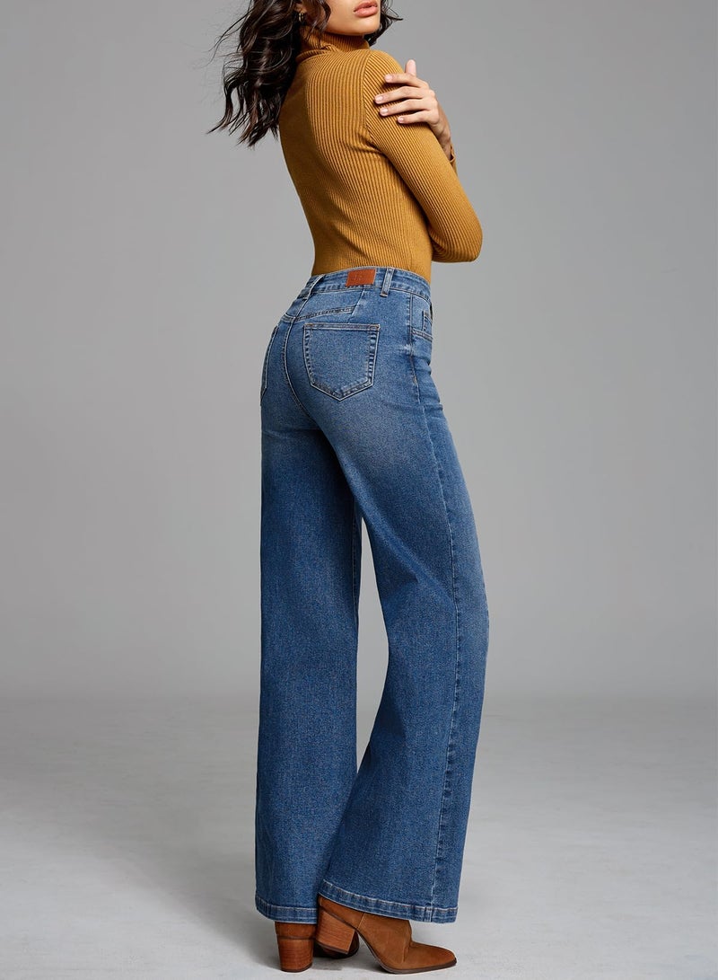 Sidefeel Women's Wide Leg Jeans High Waisted Stretchy Front Seam Denim Pants Size 12 Blue - Image 5