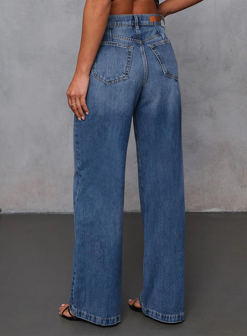 Sidefeel Women's Wide Leg Jeans High Waisted Stretchy Front Seam Denim Pants Size 12 Blue - Image 2