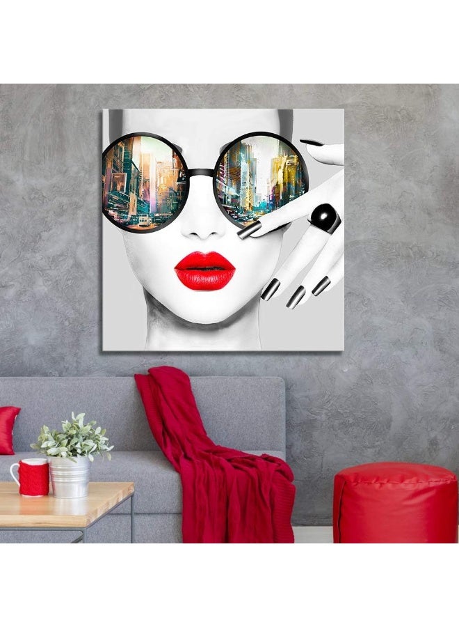 Home Trove Aitesi Art Contemporary Wall Modern Fashion Women With Red Lip Canvas Print Stylish Feminine Wall Painting Framed Cityscape Picture Ready To Hang For Home Decoration (28X28Inch)  - Image 1