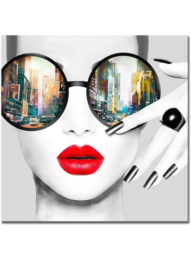 Home Trove Aitesi Art Contemporary Wall Modern Fashion Women With Red Lip Canvas Print Stylish Feminine Wall Painting Framed Cityscape Picture Ready To Hang For Home Decoration (28X28Inch)  - Image 2