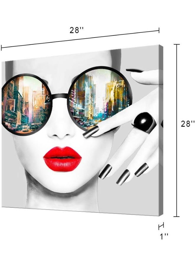 Home Trove Aitesi Art Contemporary Wall Modern Fashion Women With Red Lip Canvas Print Stylish Feminine Wall Painting Framed Cityscape Picture Ready To Hang For Home Decoration (28X28Inch)  - Image 3