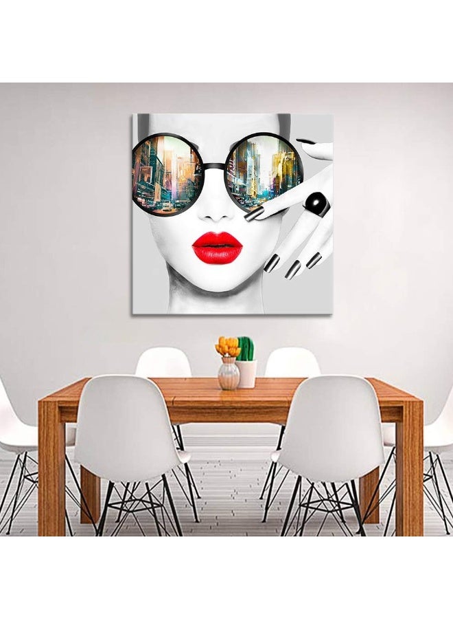 Home Trove Aitesi Art Contemporary Wall Modern Fashion Women With Red Lip Canvas Print Stylish Feminine Wall Painting Framed Cityscape Picture Ready To Hang For Home Decoration (28X28Inch)  - Image 5