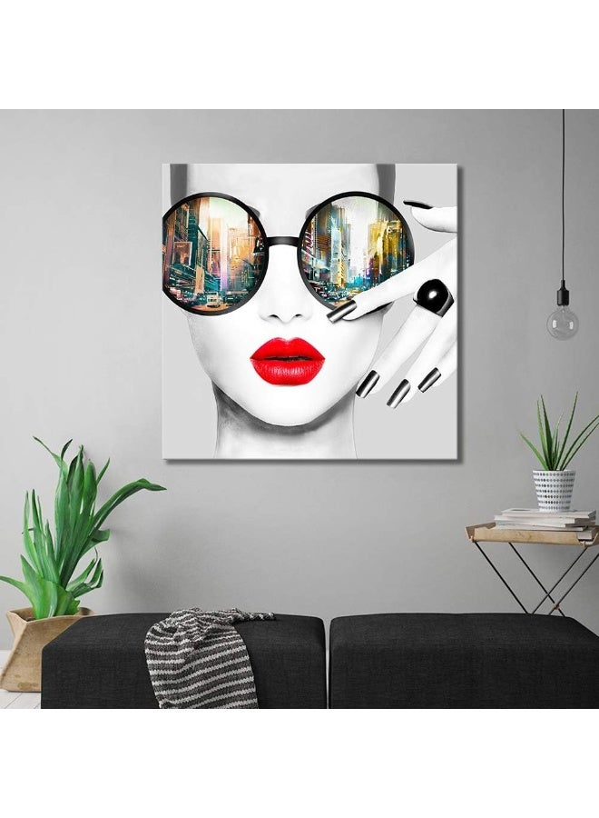 Home Trove Aitesi Art Contemporary Wall Modern Fashion Women With Red Lip Canvas Print Stylish Feminine Wall Painting Framed Cityscape Picture Ready To Hang For Home Decoration (28X28Inch)  - Image 4