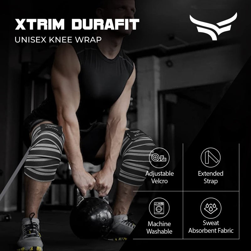 XTRIM دعم الركبة للرجال - لفافات الركبة - مثبت الركبة - أربطة الركبة للرجال للرياضة، القرفصاء، ورفع الأثقال، قماش قابل للغسل (2 متر طول، مجموعة من 2، رمادي) - Image 2