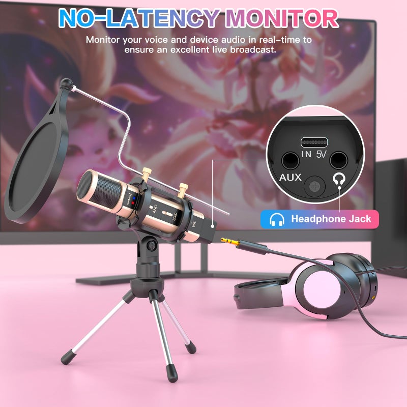 ZealSound ميكروفون تسجيل استوديو ZealSound، ميكروفون بث مكثف مع حامل وبطاقة صوت مدمجة لتسجيل الصدى، الكاريوكي، الغناء للهاتف، الكمبيوتر، PC، Garageband، Smule، البث المباشر وYouTube (ذهبي) - Image 5