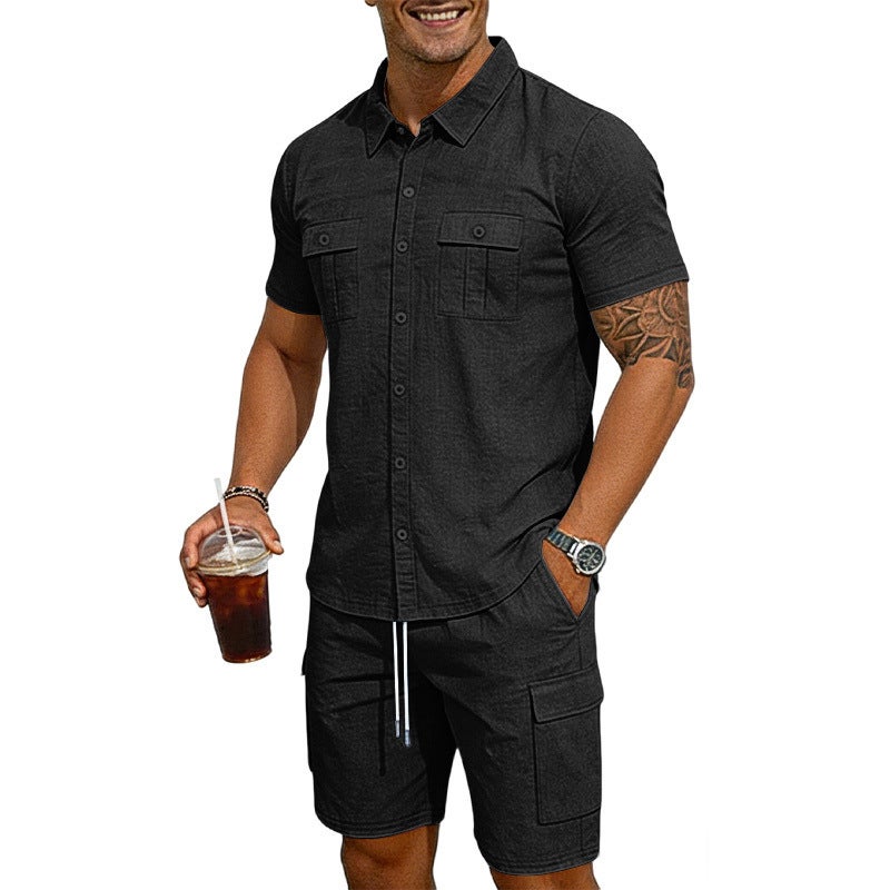 Men's Linen Turn-Down Collar Shirt and Shorts Set - Solid Color, Multi-Pocket Casual Summer Outfit