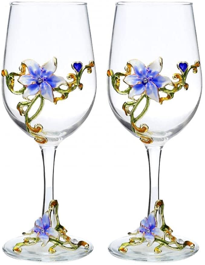 Simcat Handmade Painted Enamel Flower Glass Wine Glasses Transparent Refined Goblet Stem For Cabernet Gifts Blue double gift box2 Gift Box