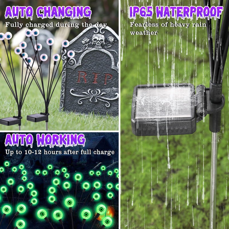 ASMAD Scary Solar Eyeball Lights, Waterproof Swaying Firefly Path Lights for Outdoor/Halloween Decorations/Garden/Yard/Patio/Party Decor, Green Eyeball, 4 Pack, 32 LEDs - Image 4